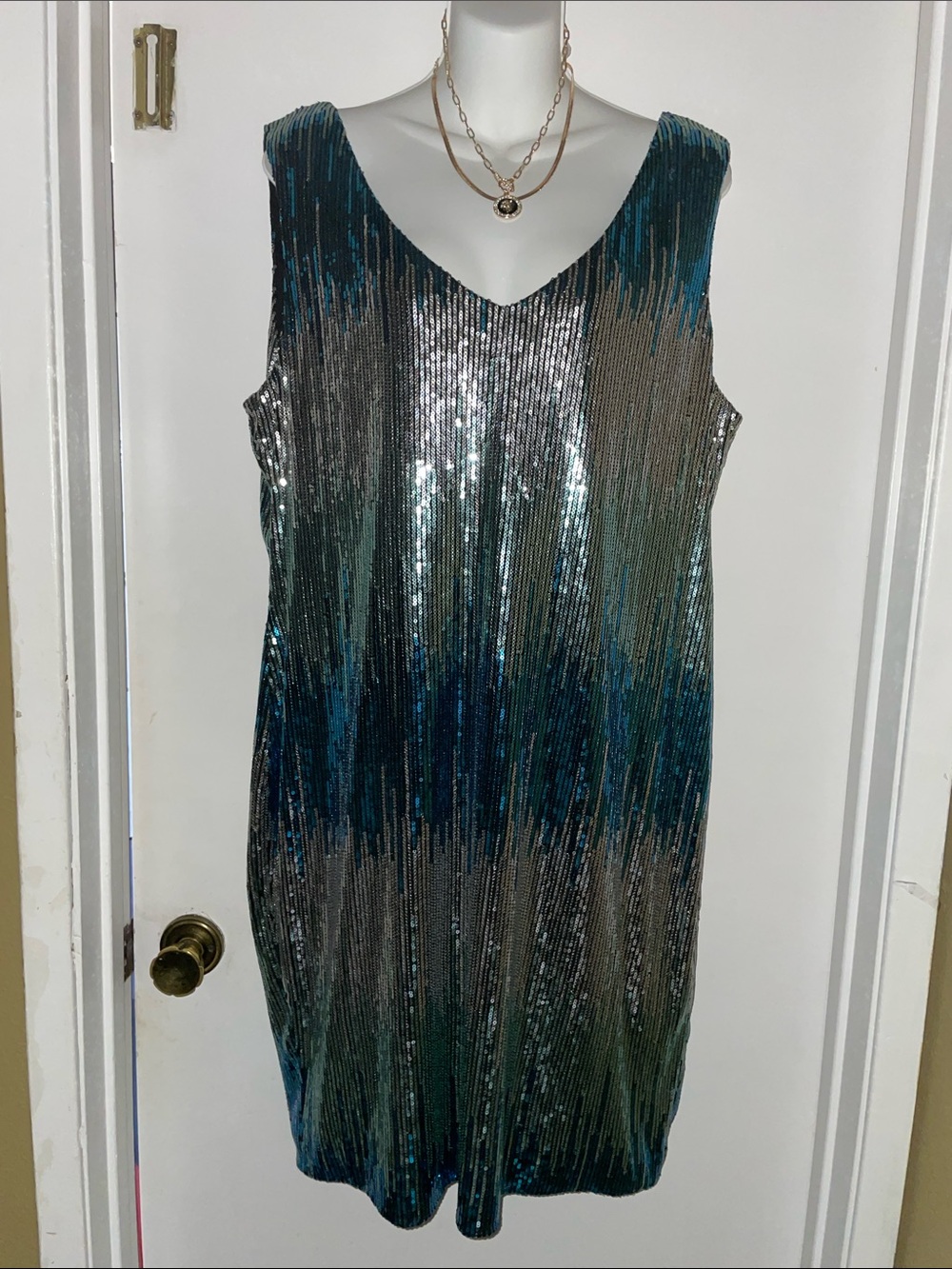 AUW Teal and Silver Sequin V-Neck Mini Dress